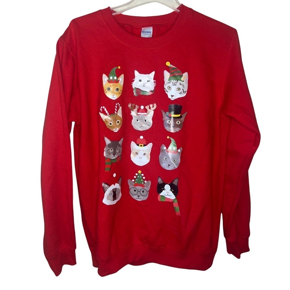 Gildan Christmas Cats Crewneck Sweatshirt Red Unisex Size Large